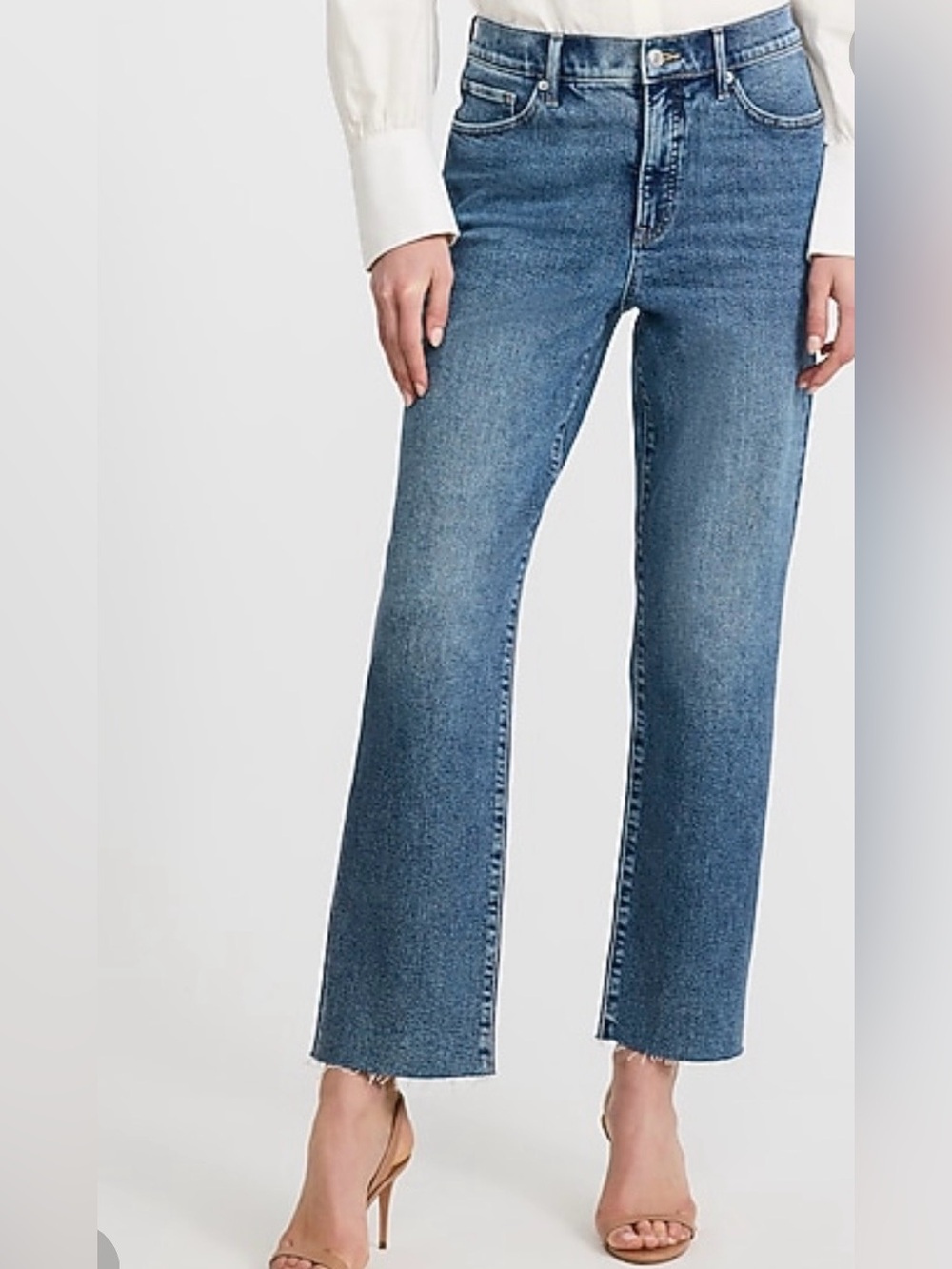 Oat New York Straight Leg Mid Rise Raw Hem Blue Jeans in Medium Wash size 0/25
